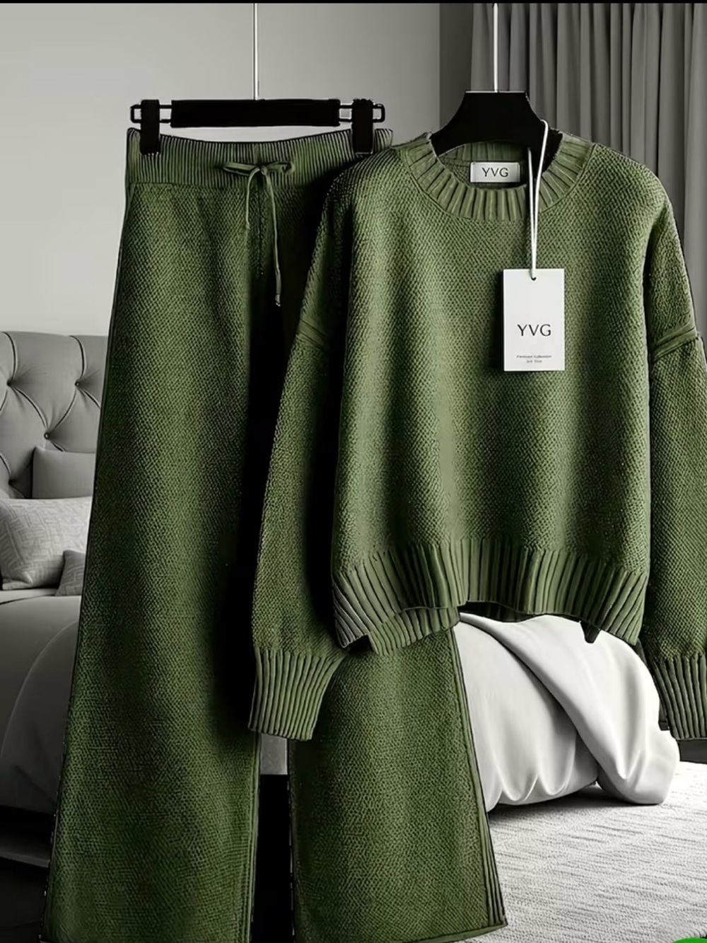 Olive Green Knit Sweater & Pants Set - Women's Cozy Lounge Jumpsuit Alternative
